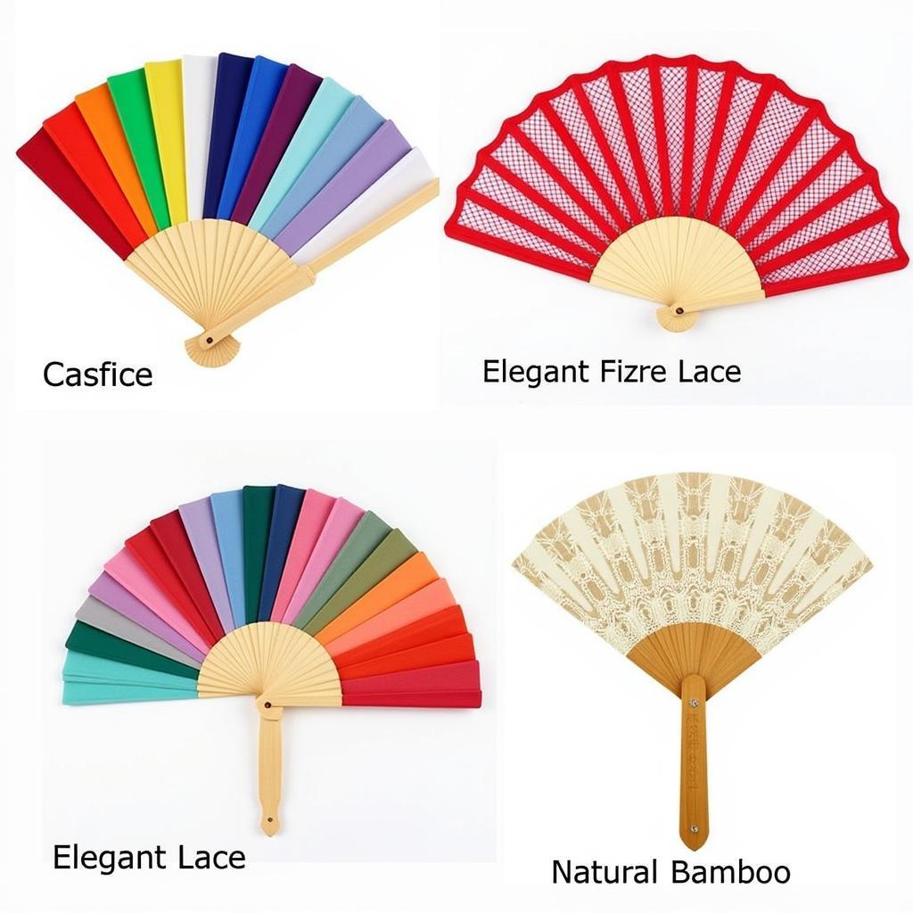 Different types of hand flastic fans showcasing various materials, sizes, and designs.