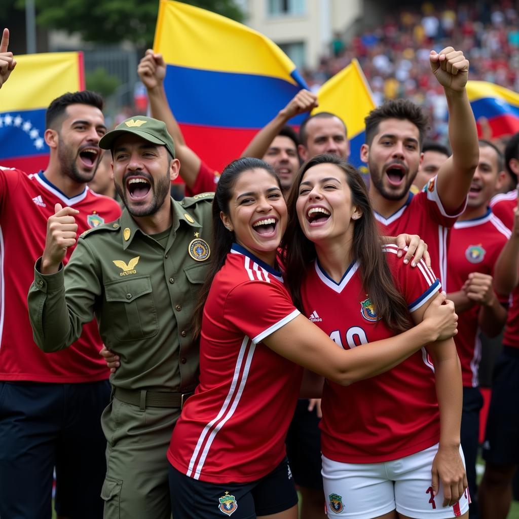 Venezuelan Fans with Military Background Celebrating a Football Victory