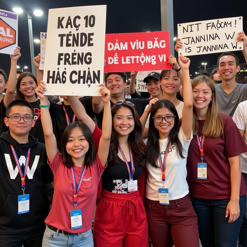 Vietnamese fans showing their support for Jannina W with banners and signs.