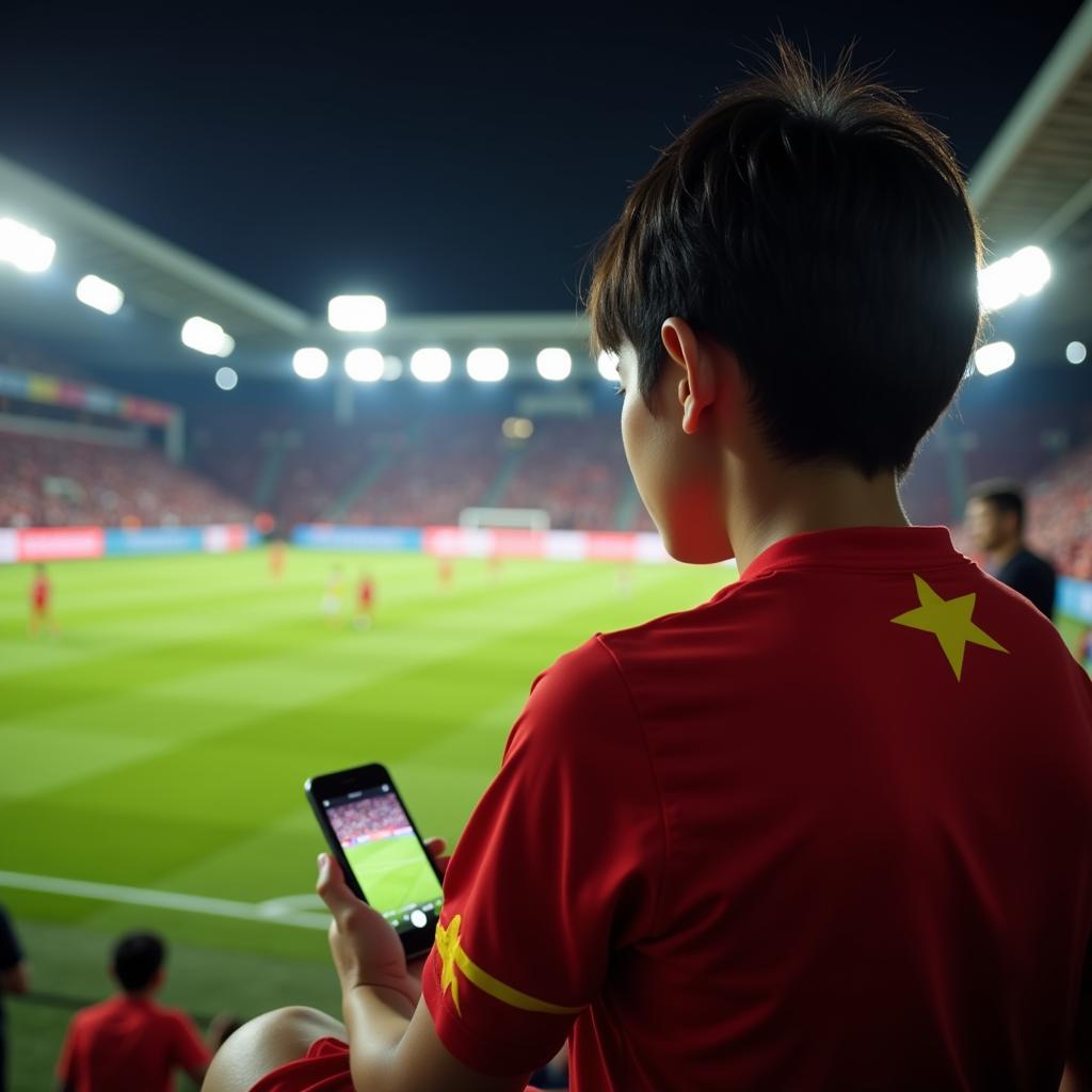 Vietnamese football fan engrossed in watching a match on his smartphone