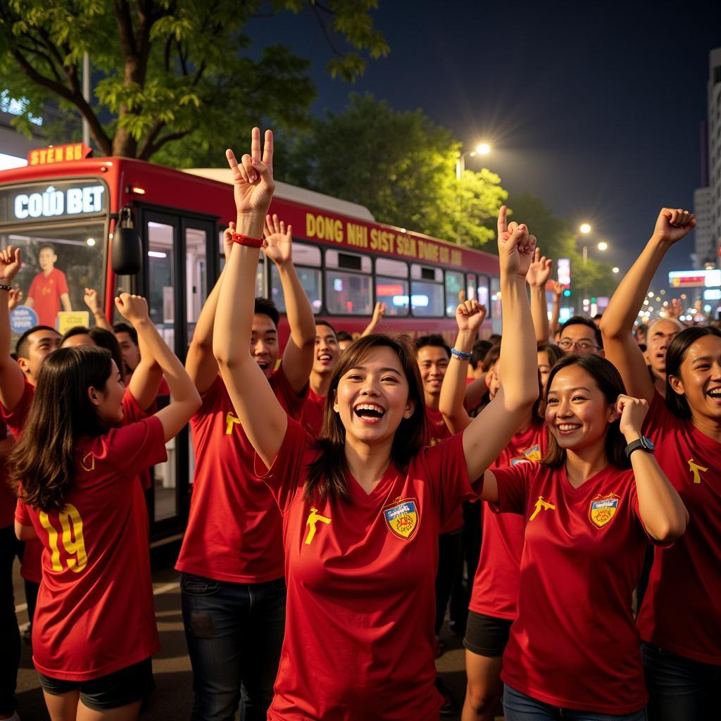 Vietnamese football fans celebrating with a Dong Nhi decorated bus