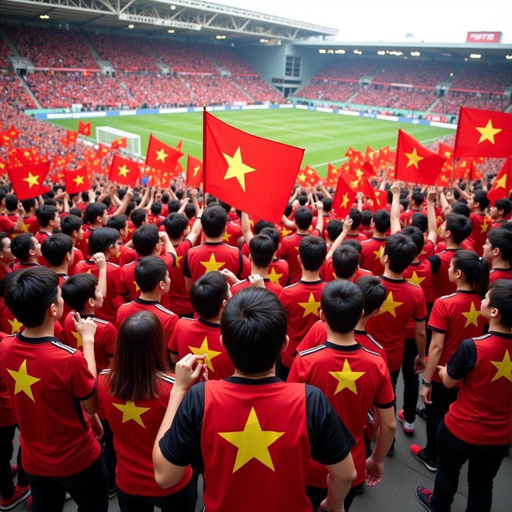 Vietnamese football fans cheering enthusiastically in a packed stadium