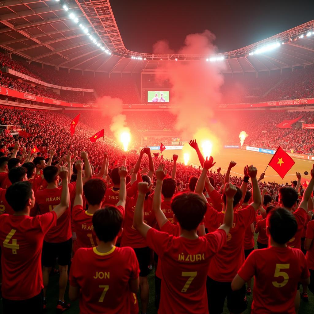 Vietnamese Football Fans Cheering Enthusiastically