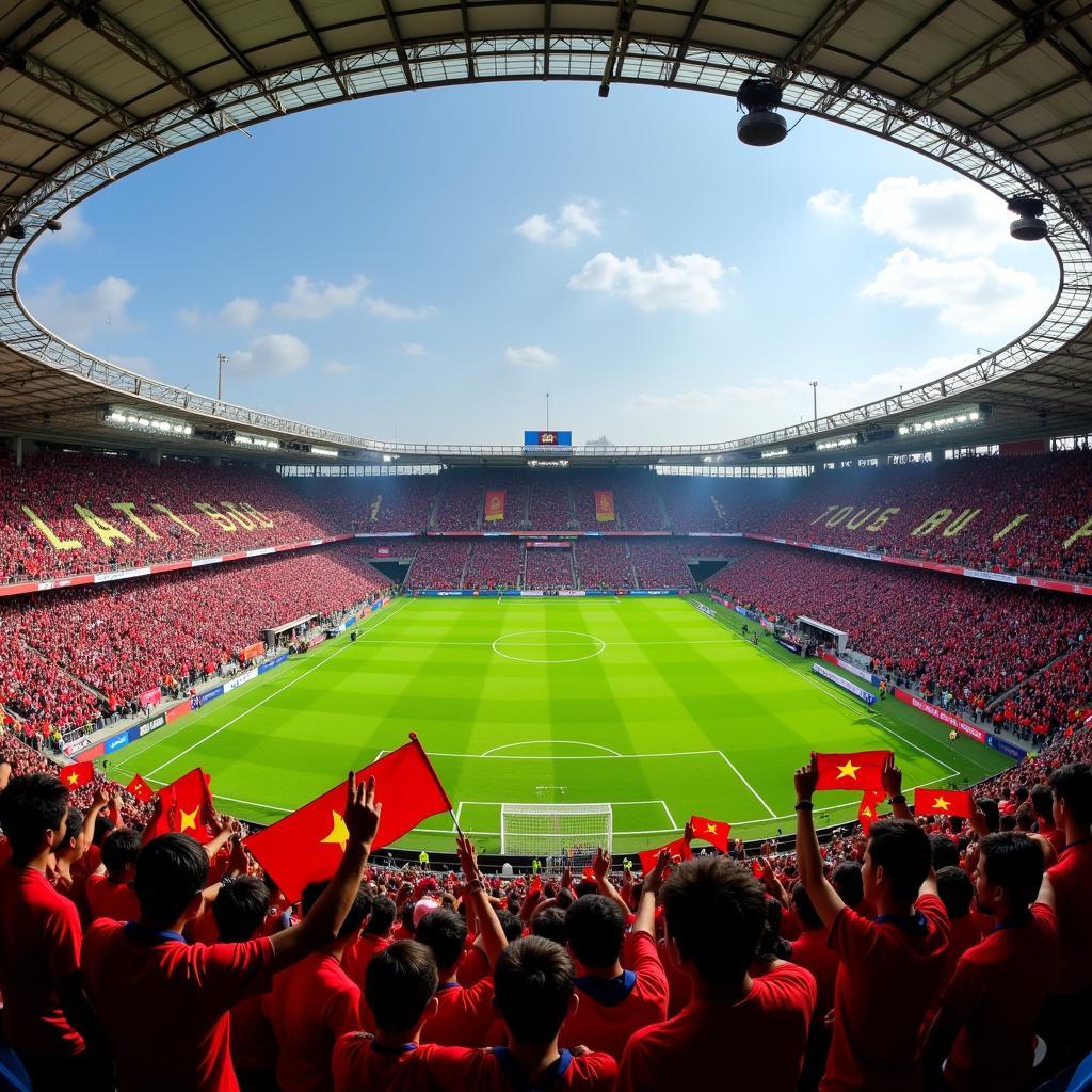 Vietnamese Football Fans Cheering in a Packed Stadium