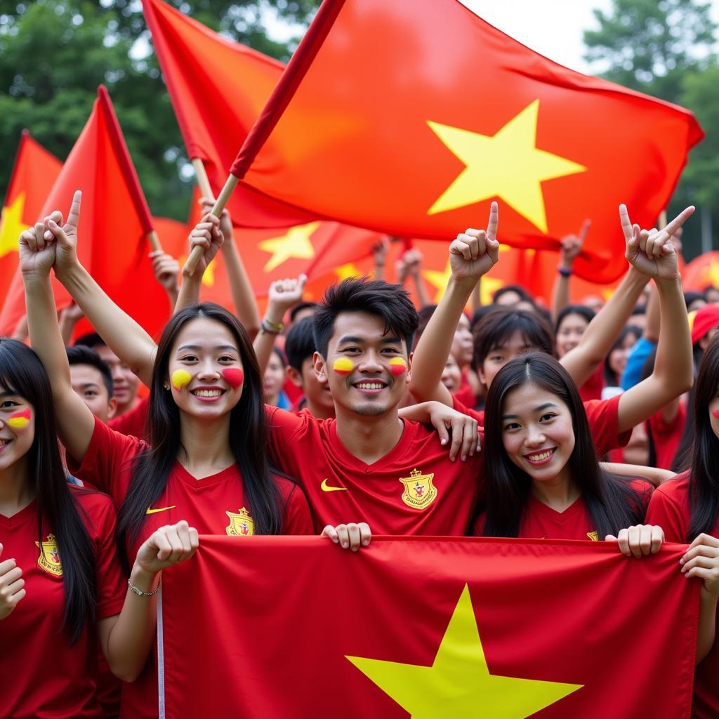 Vietnamese Football Fans with Flags and Banners