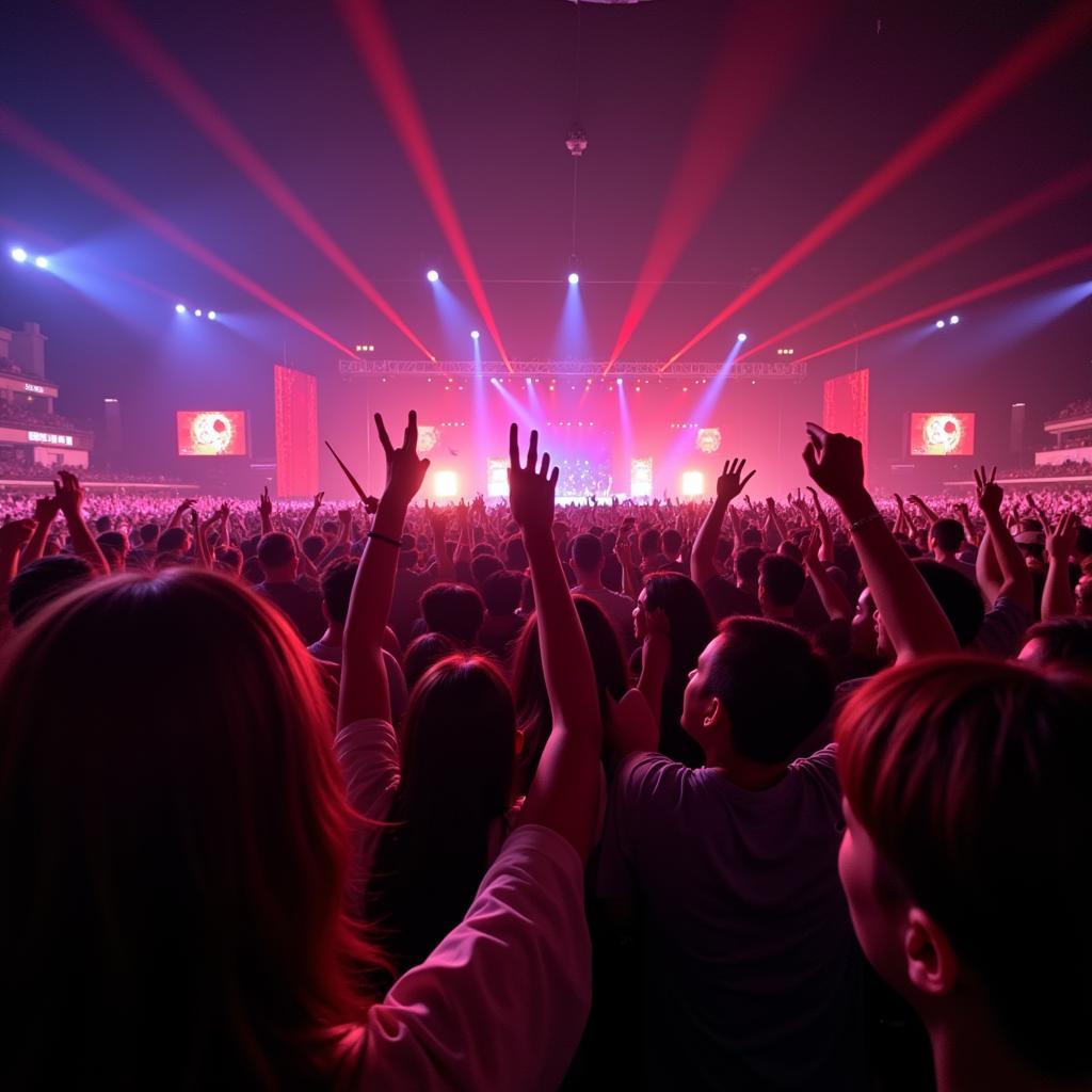 Vietnamese Kpop fans at a concert, cheering and holding lightsticks