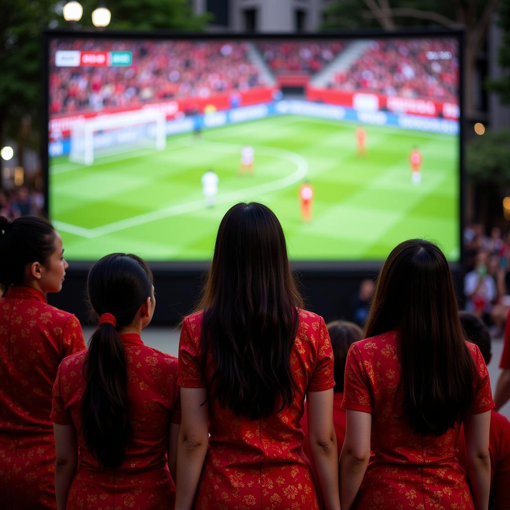 Vietnamese Students in Ao Dai Watching a Manchester United Match