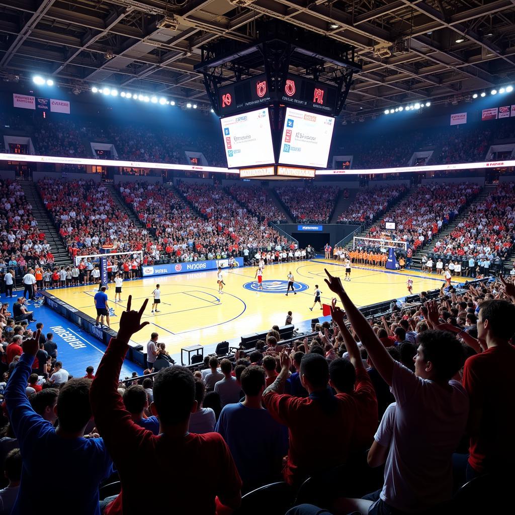 Volleyball fans cheering enthusiastically in a packed stadium