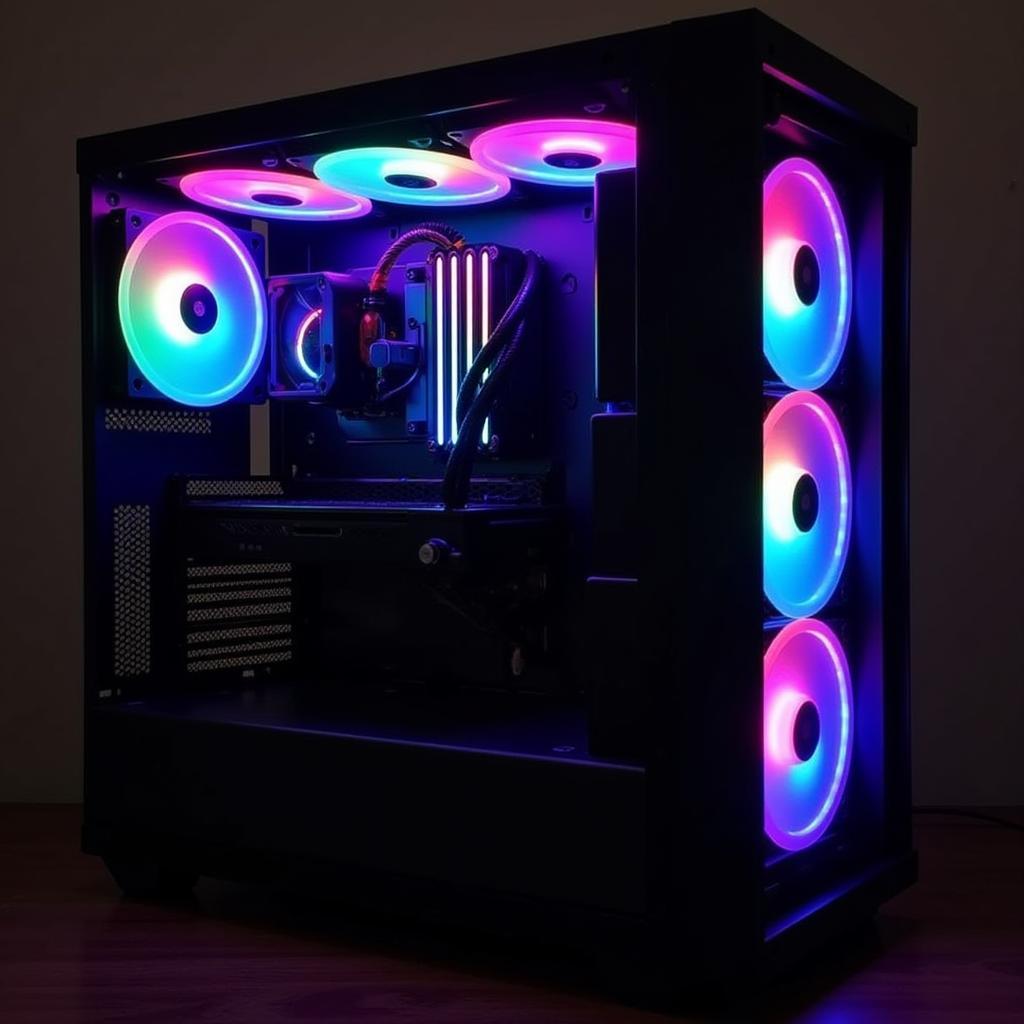 A completed PC build featuring VSP LED rainbow fans.