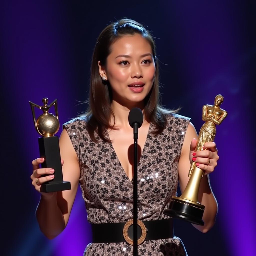 Vũ Cát Tường accepting a music award on stage, recognizing her achievements in the music industry