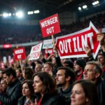 Arsenal fans displaying "Wenger Out" banners at the Emirates Stadium