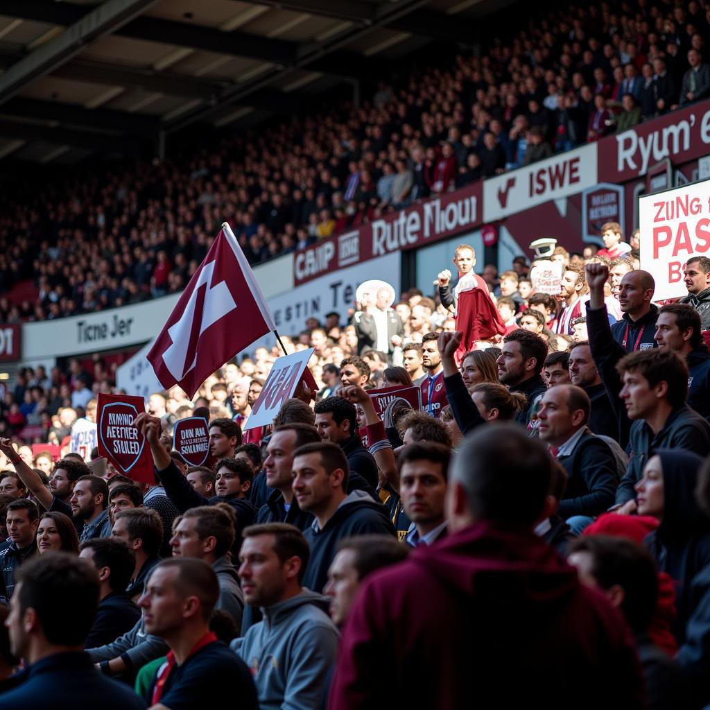 West Ham Fans at London Stadium with Banners and Flags