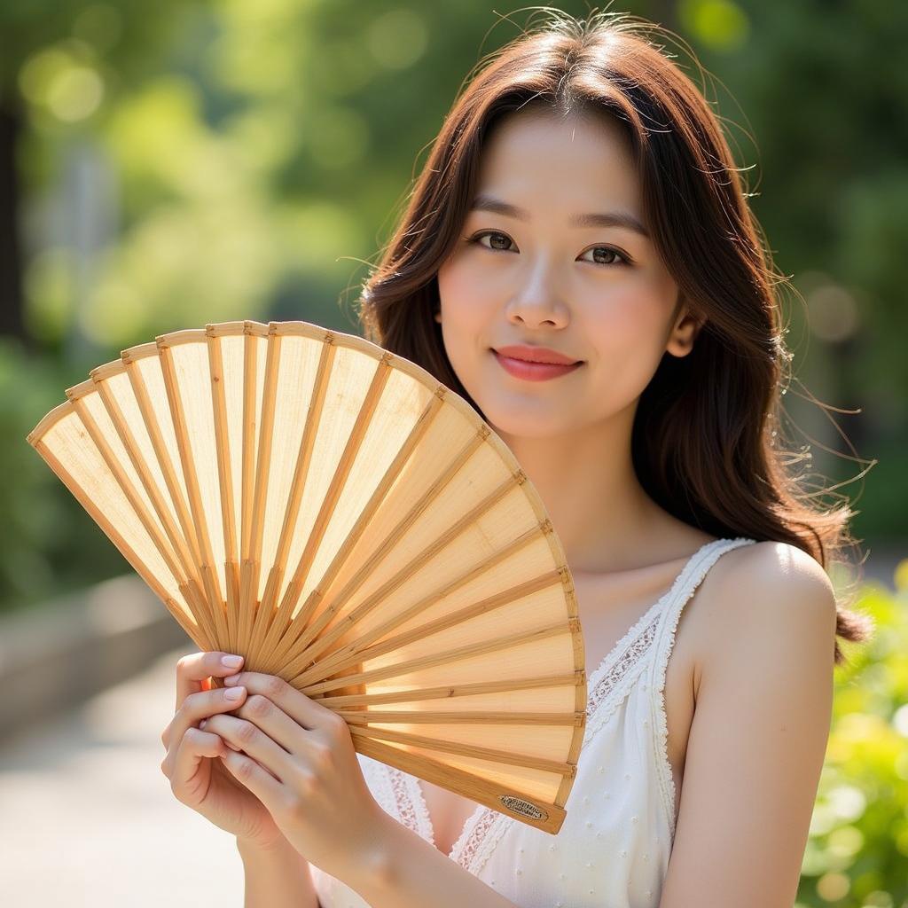 Woman Using a Bamboo Rafia Hand Fan