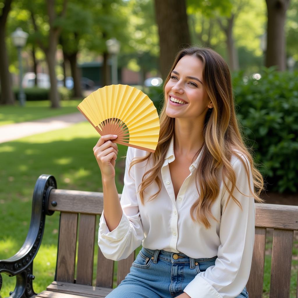 Woman cooling herself with a hand fan outdoors