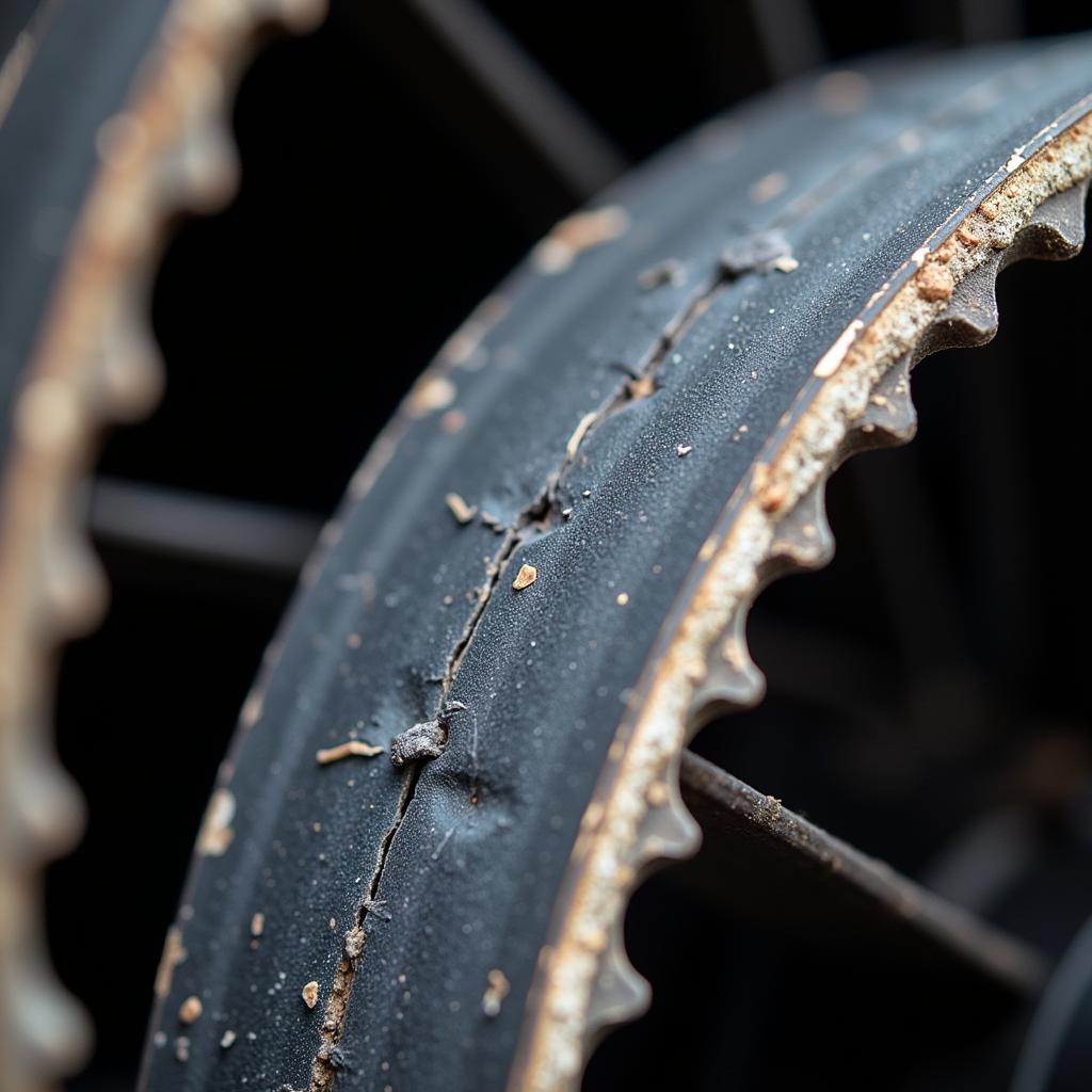 Worn Car Fan Belt Exhibiting Cracks and Fraying