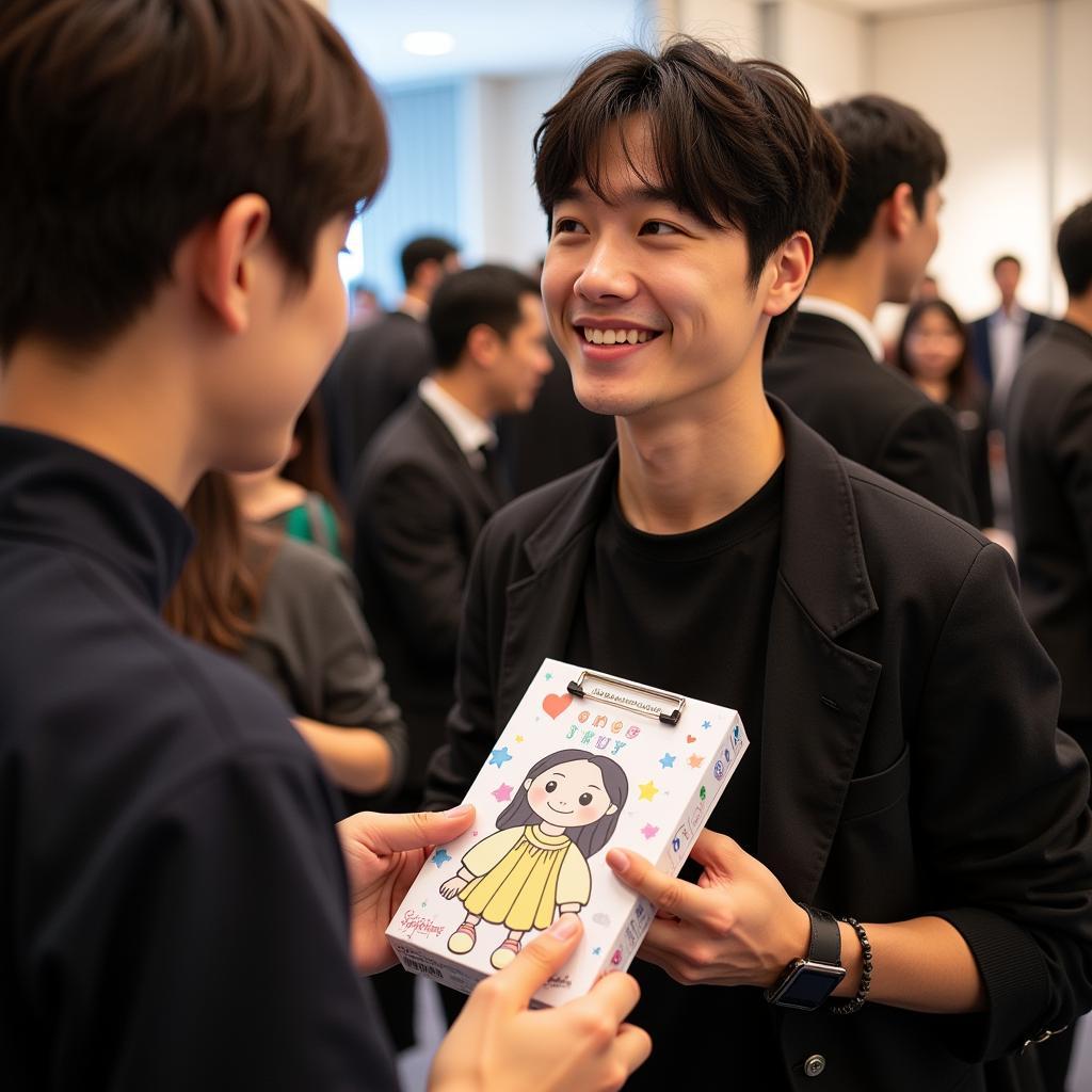 Yesung interacting warmly with fans during a fan meeting.