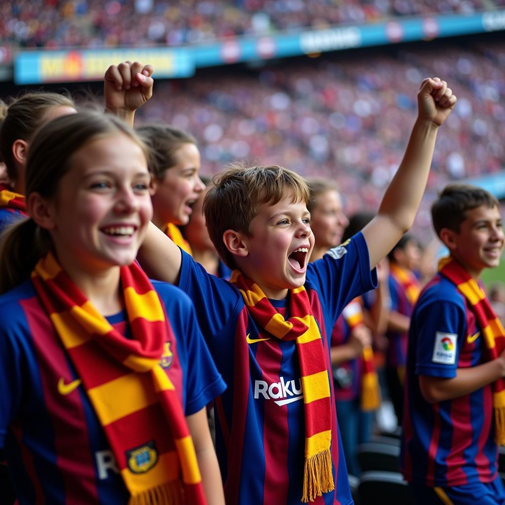 Young Barca fans celebrating a victory at Camp Nou