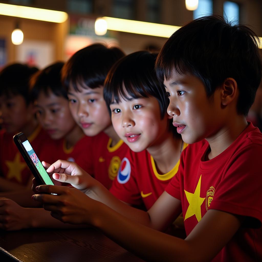 Young Vietnamese Football Fans Watching a Game on Mobile Phone