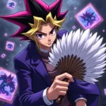 Yugi Muto Holding His Feather Fan During a Duel