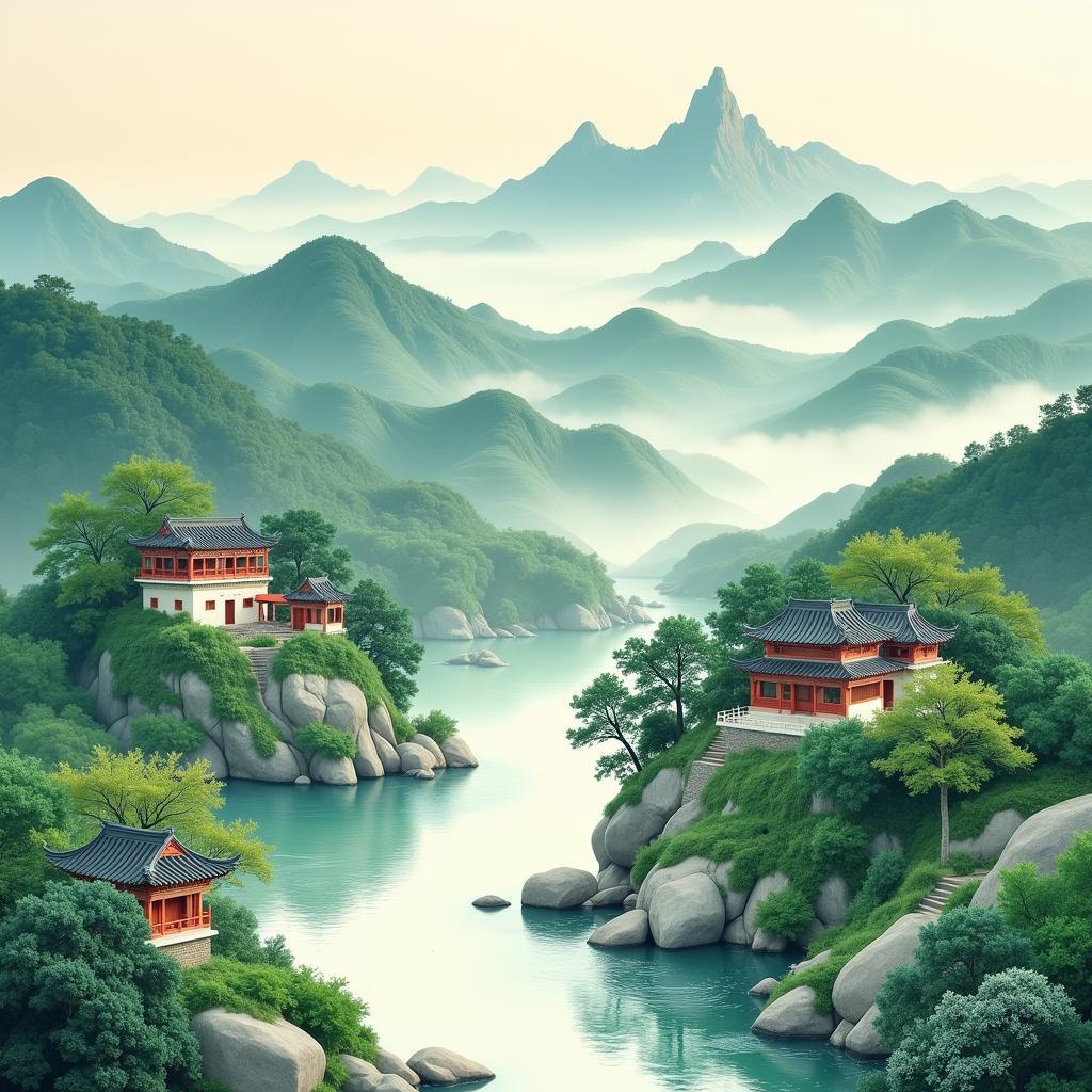 Chinese Fan Art Landscape Background