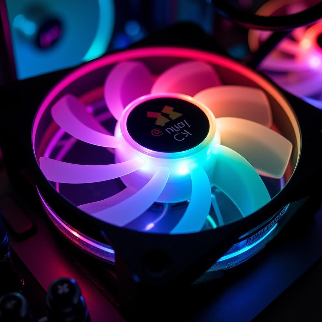 Close-up view of a 1st player RGB fan showcasing its vibrant colors and intricate design.