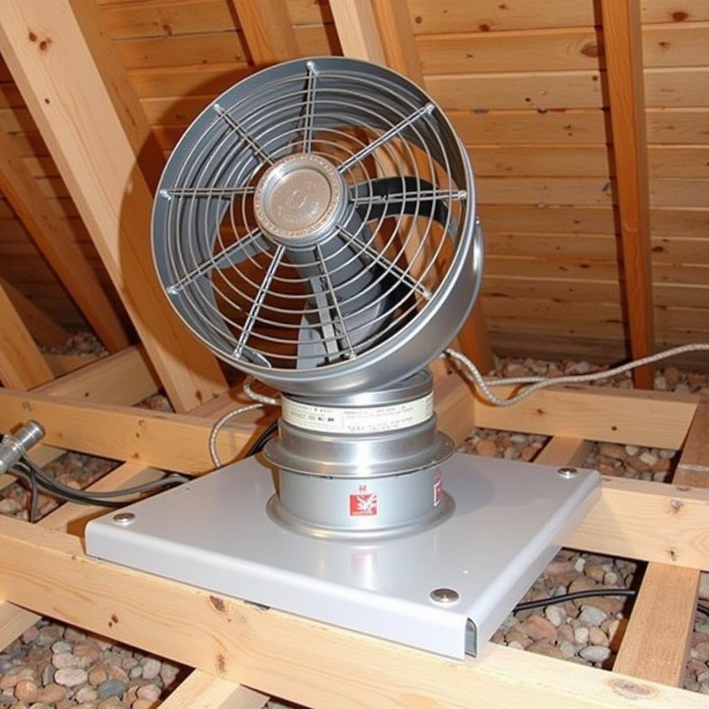 24 Inch Attic Fan Installation: A technician installs a new 24-inch attic fan in a residential attic space. The image clearly shows the fan unit, its placement, and the surrounding attic structure.