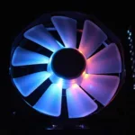 Close-up view of a 40mm LED fan showcasing its vibrant RGB lighting and compact design.