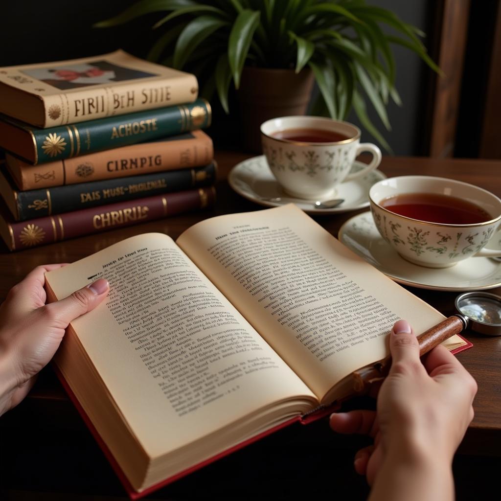 A person engrossed in reading a collection of Agatha Christie novels, showcasing the dedication and passion of her fanbase.