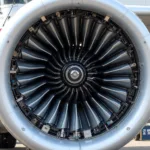 Close-up view of an airplane turbofan engine