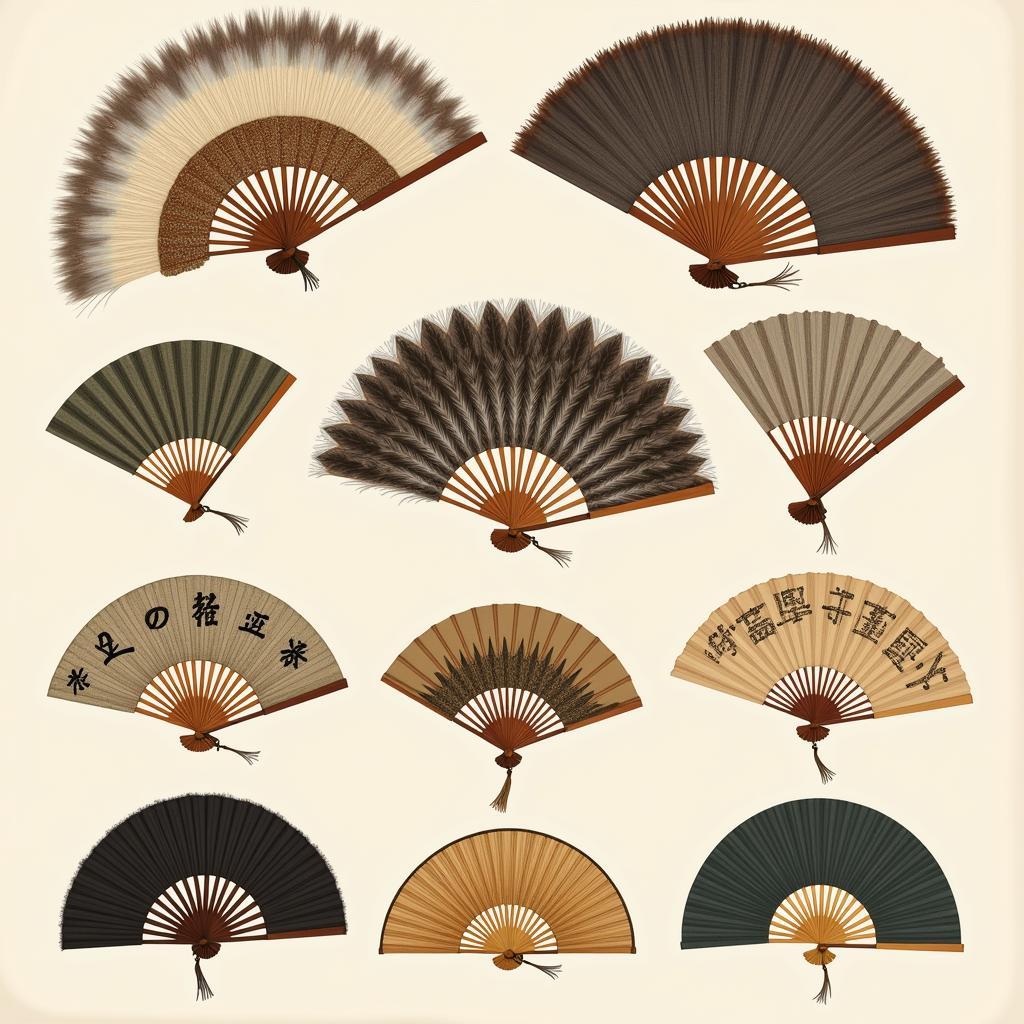 Different types of ancient Chinese fans, including feather, silk, and bamboo fans.