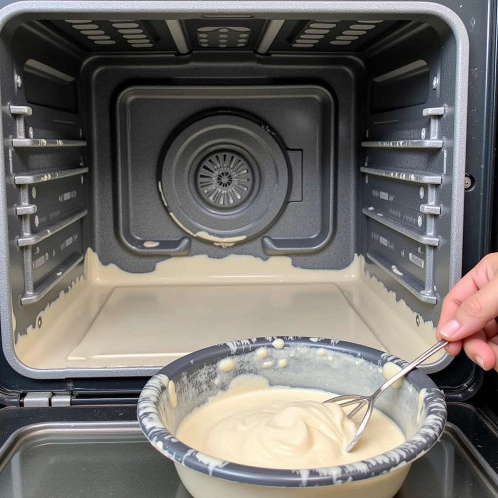 Applying baking soda paste to oven interior