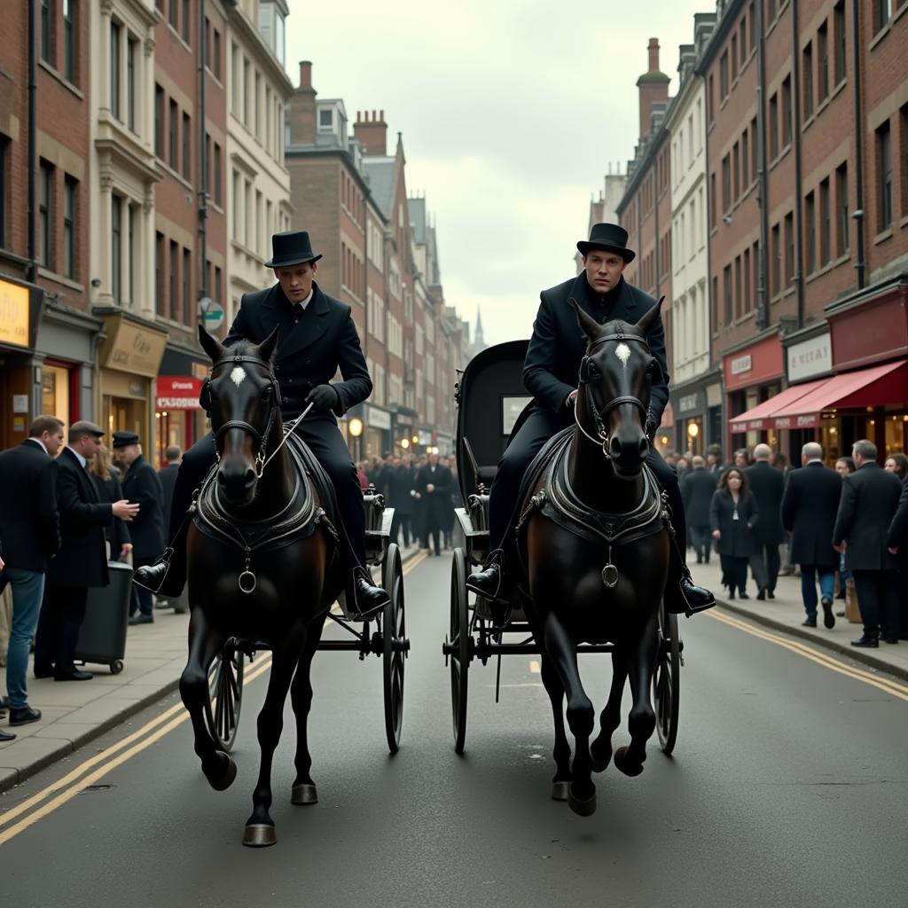 Jacob and Evie Frye in a carriage chase through London streets.