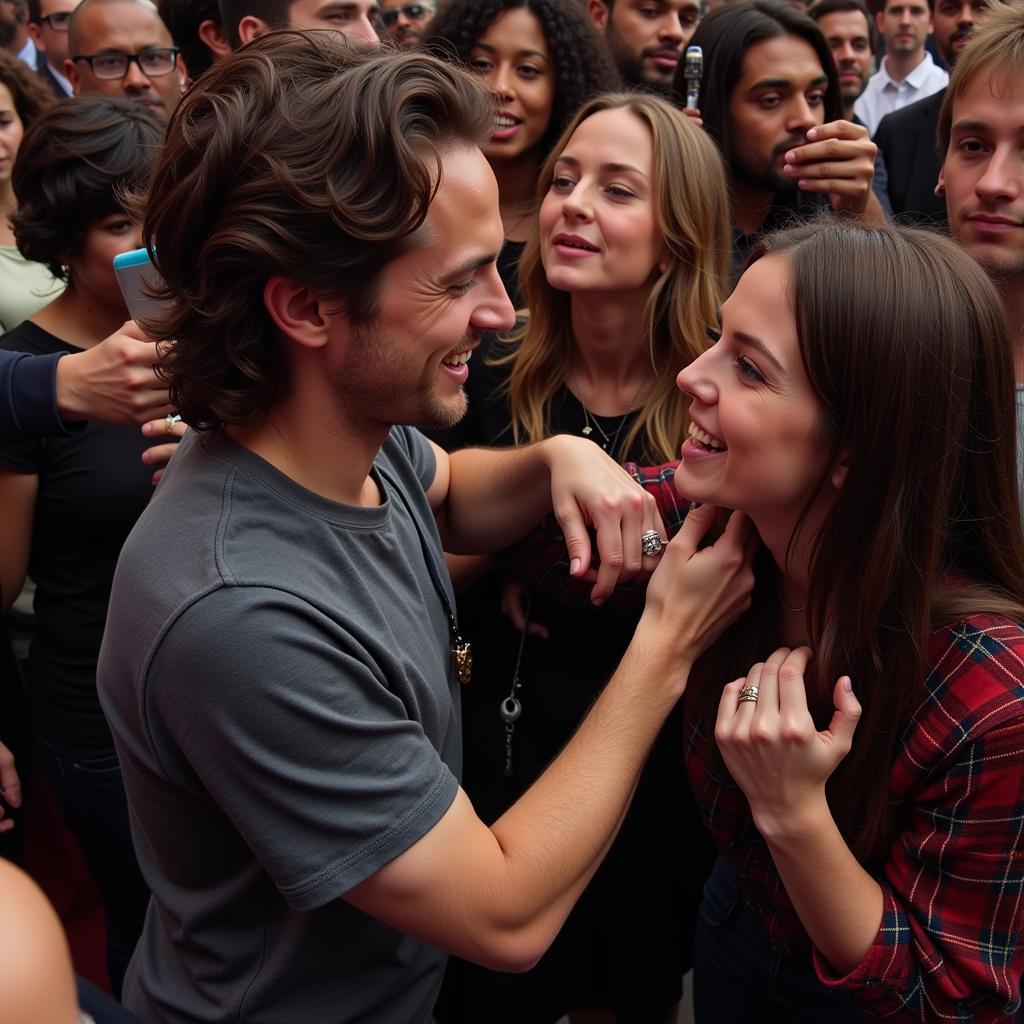 A musician genuinely interacting with fans, showing appreciation and connection