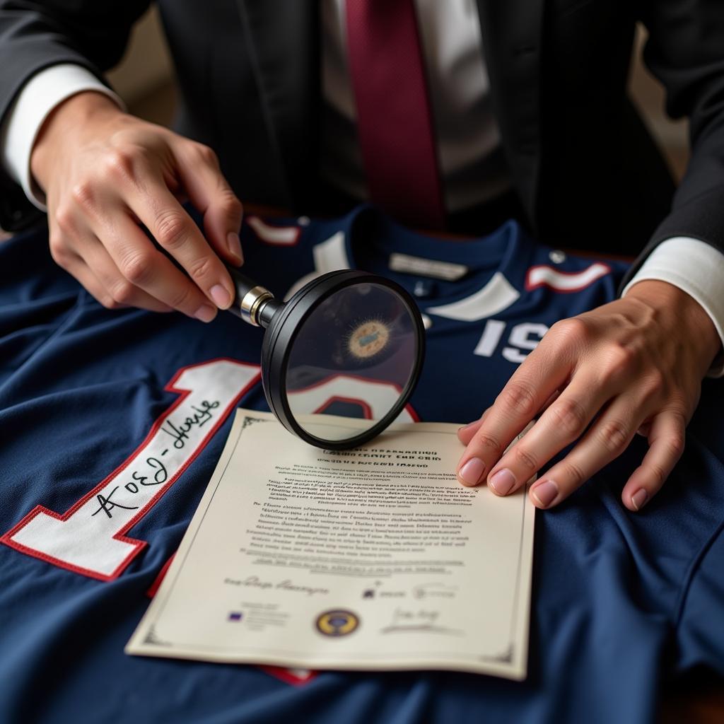 Expert Authenticating a Signed Football Jersey