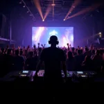 A DJ playing Avicii's music in a crowded club.