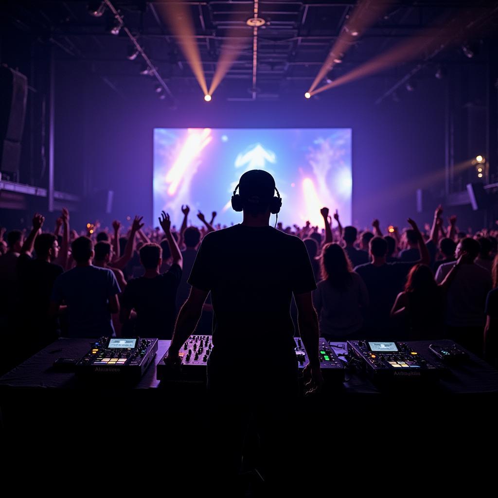 A DJ playing Avicii's music in a crowded club.