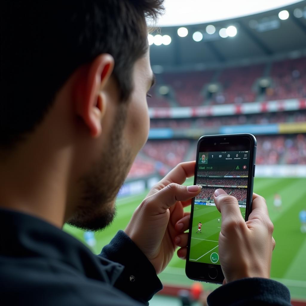 A b6ng da fan intently watching a live football match on their smartphone, highlighting the increasing use of mobile technology in following the sport.