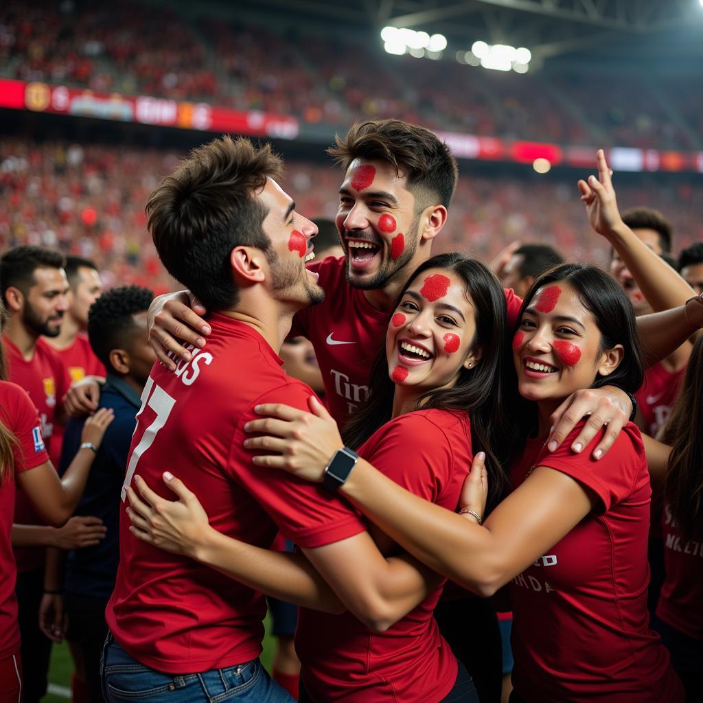 B6ng da fans joyfully celebrating a victory, their faces painted in team colors, demonstrating the exhilaration and shared joy of football fandom.