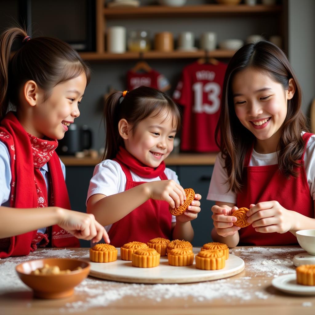 Family baking football-themed mooncakes together.