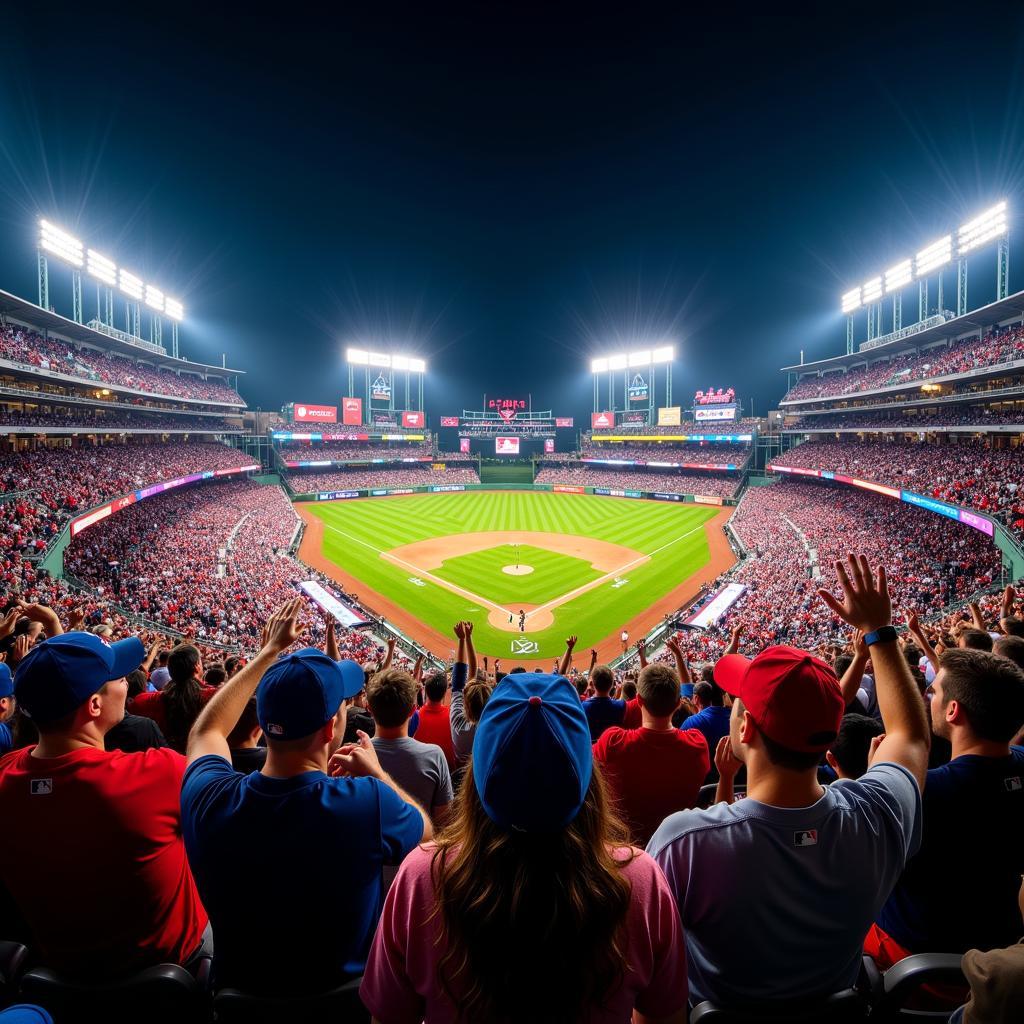 A packed stadium with fans enthusiastically cheering during a baseball game