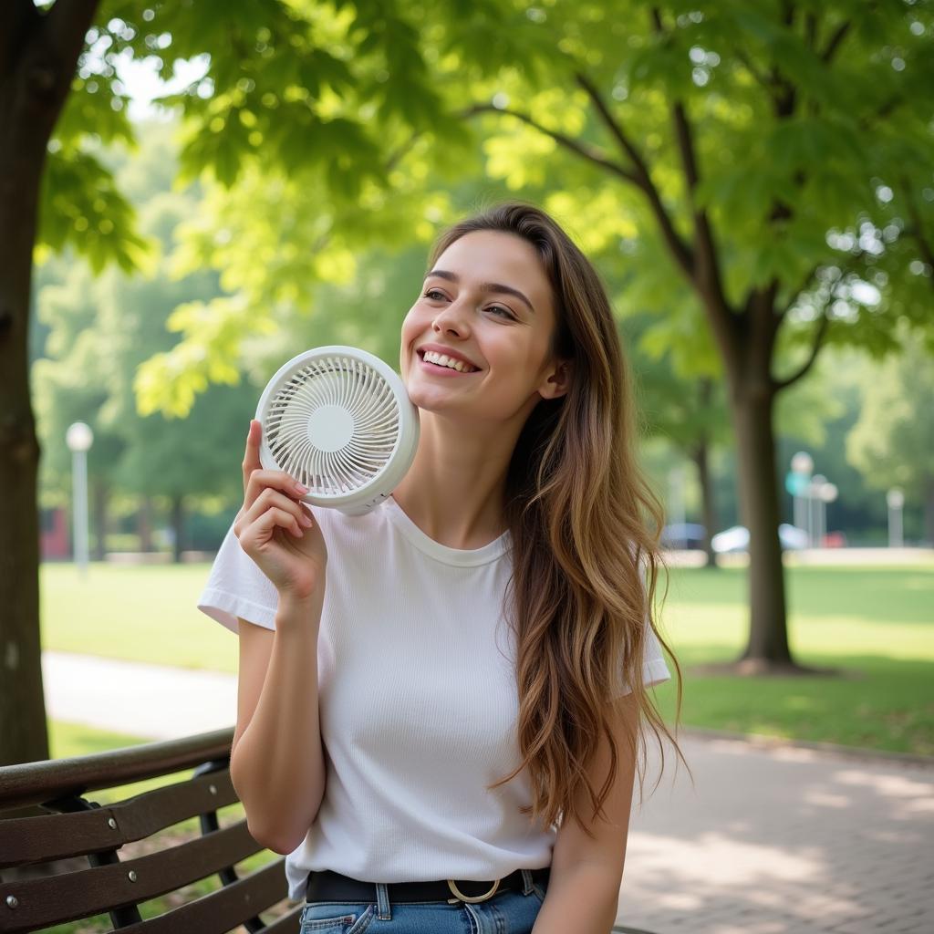 Woman using a battery powered mini fan outdoors