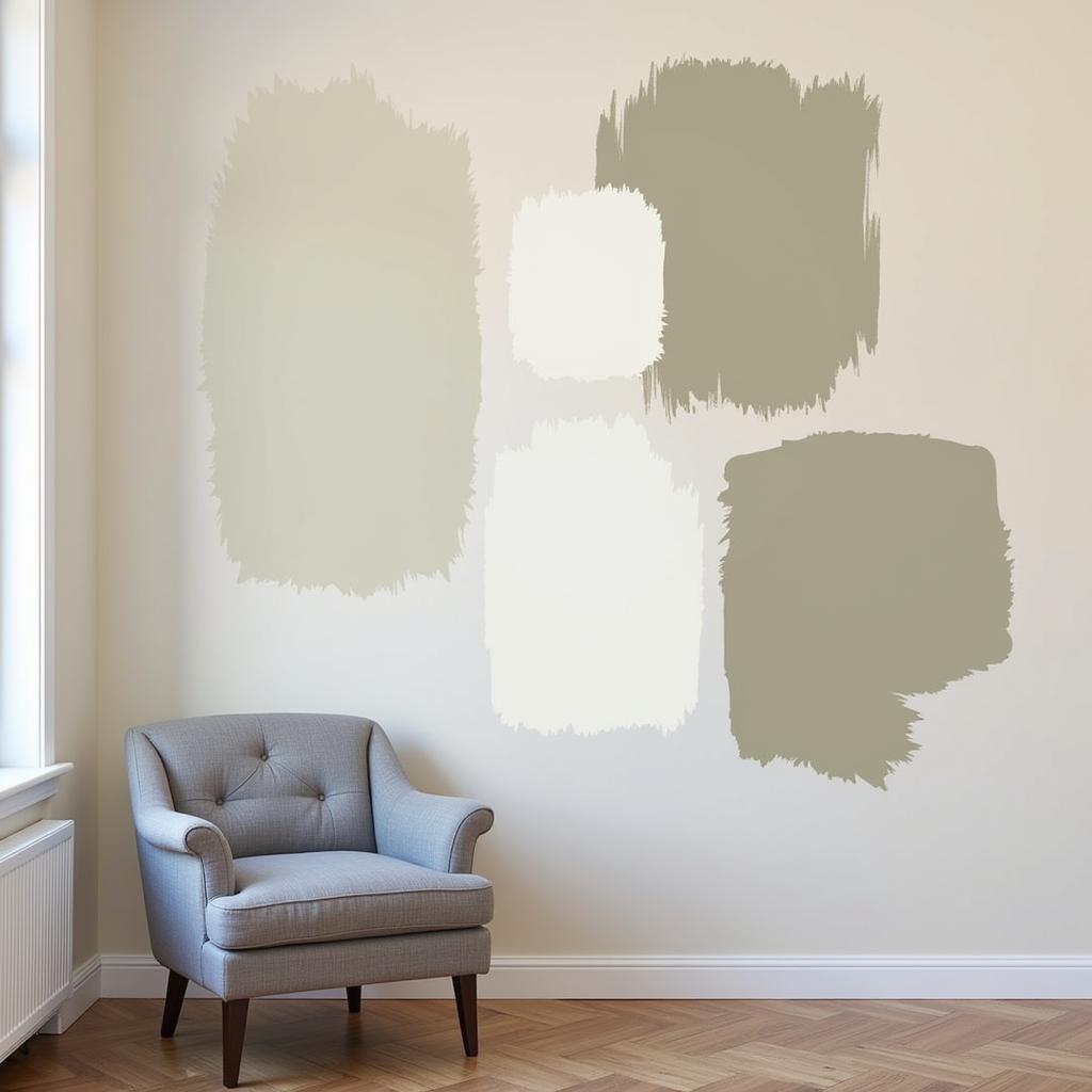 Applying Benjamin Moore paint samples to a wall to assess how different colors look in the actual space.