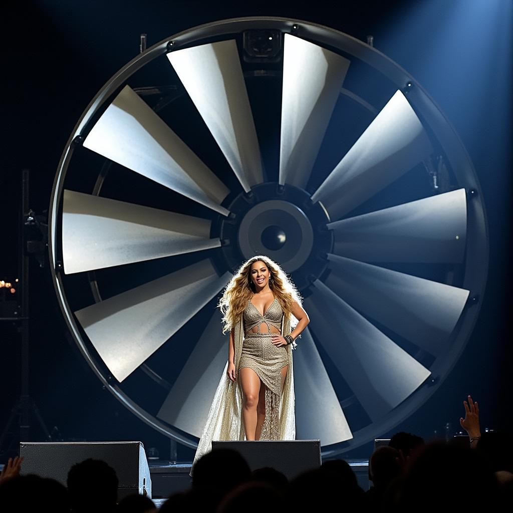 Beyonce performing on the Renaissance tour with a large industrial fan behind her