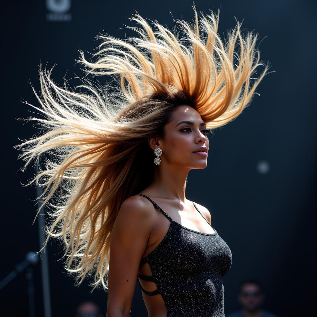 Close-up of Beyonce's hair blowing dramatically in the wind from the industrial fan