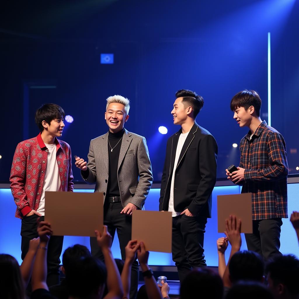 Big Bang playing games with fans at a fan meeting in China.