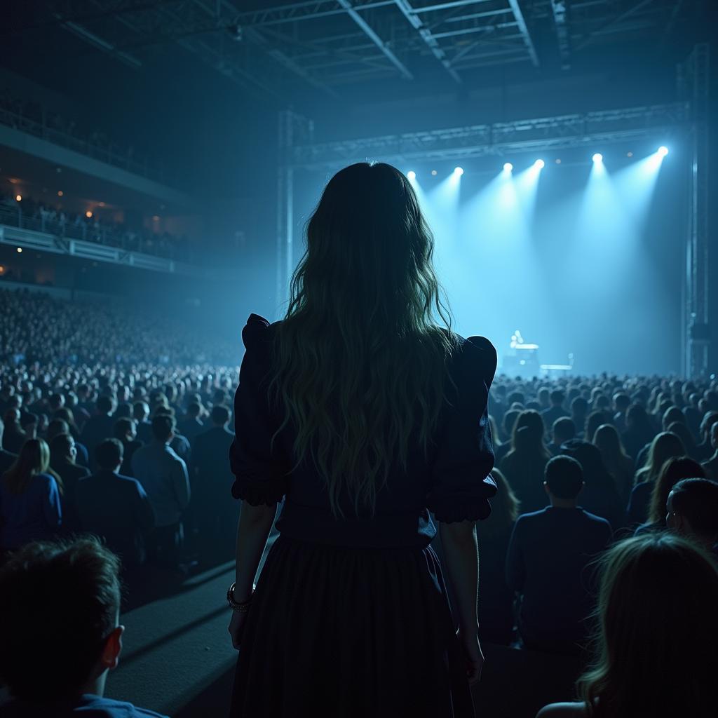 Billie Eilish on stage, hinting at future surprises for her fans.