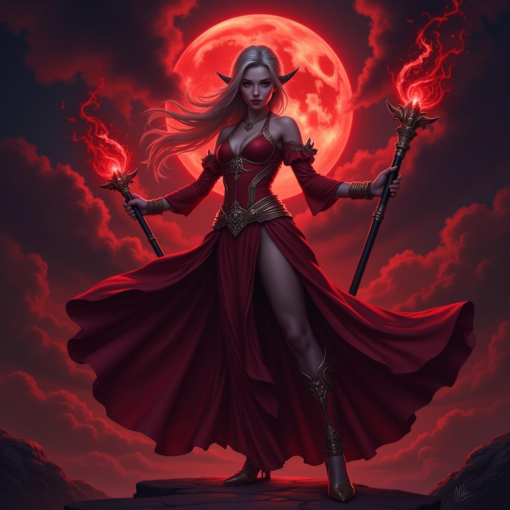 Blood Moon Lux in a dynamic pose, casting a spell