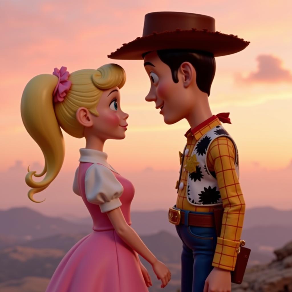 Bo Peep and Woody in a classic romantic pose, gazing into each other's eyes.