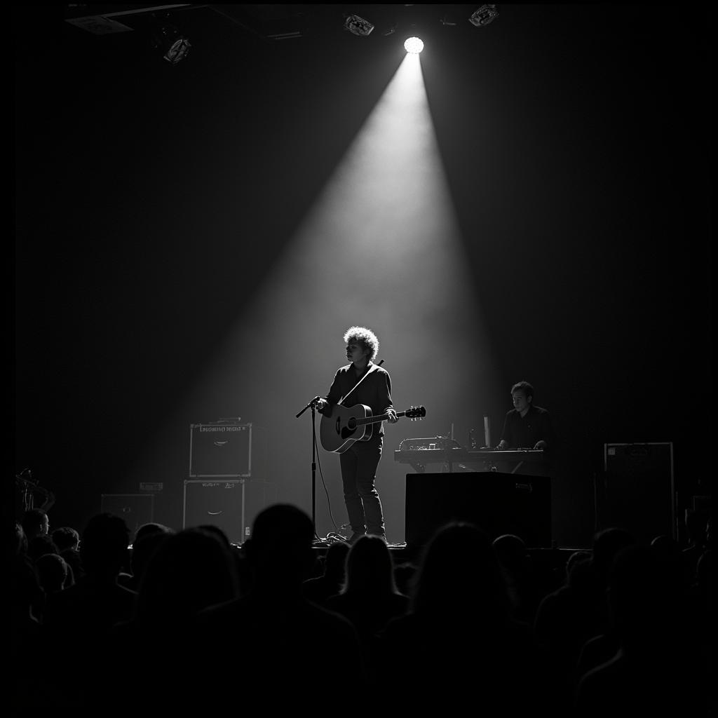 Bob Dylan performing on stage in front of a large crowd.