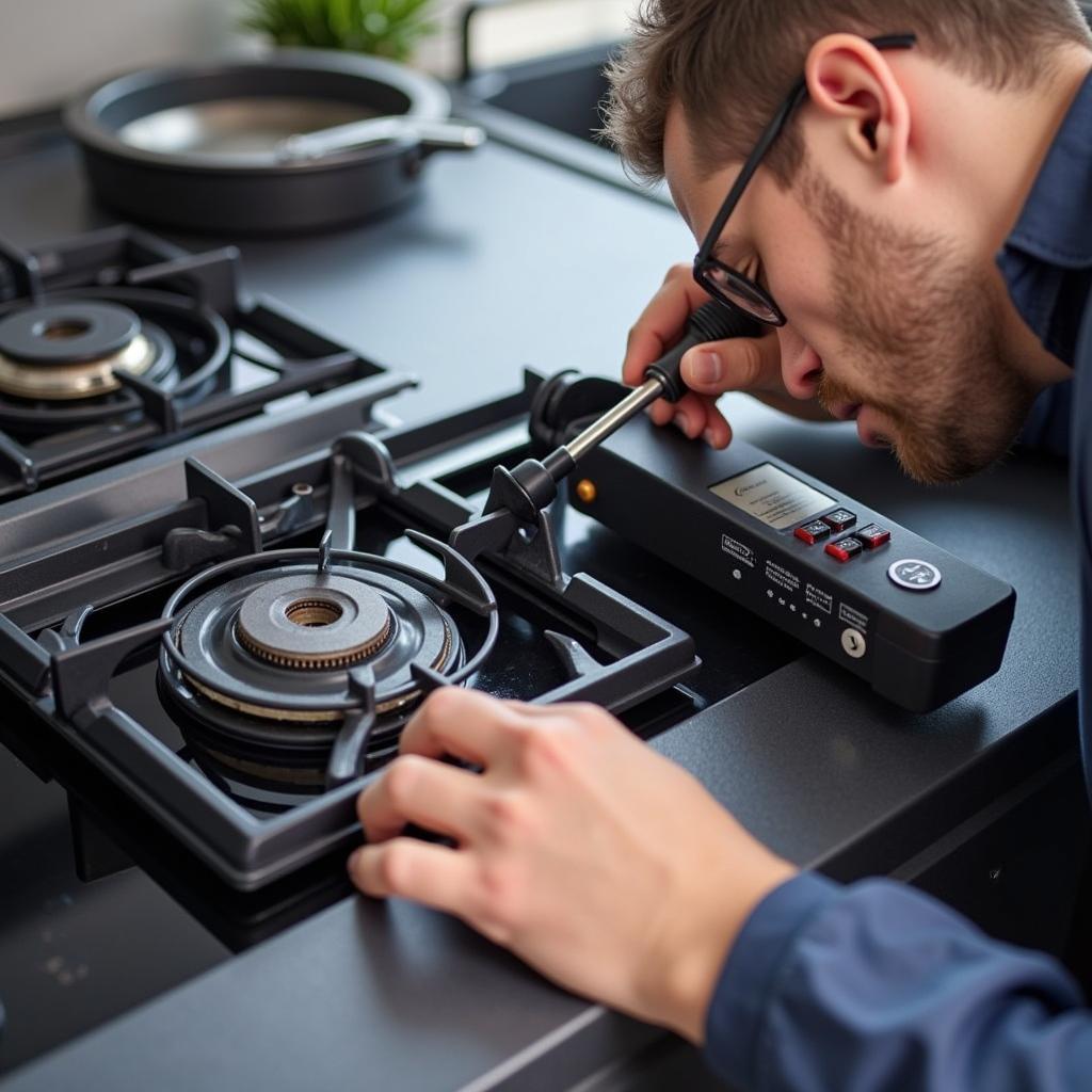 A technician inspecting a Bosch PUC631BB2E hob